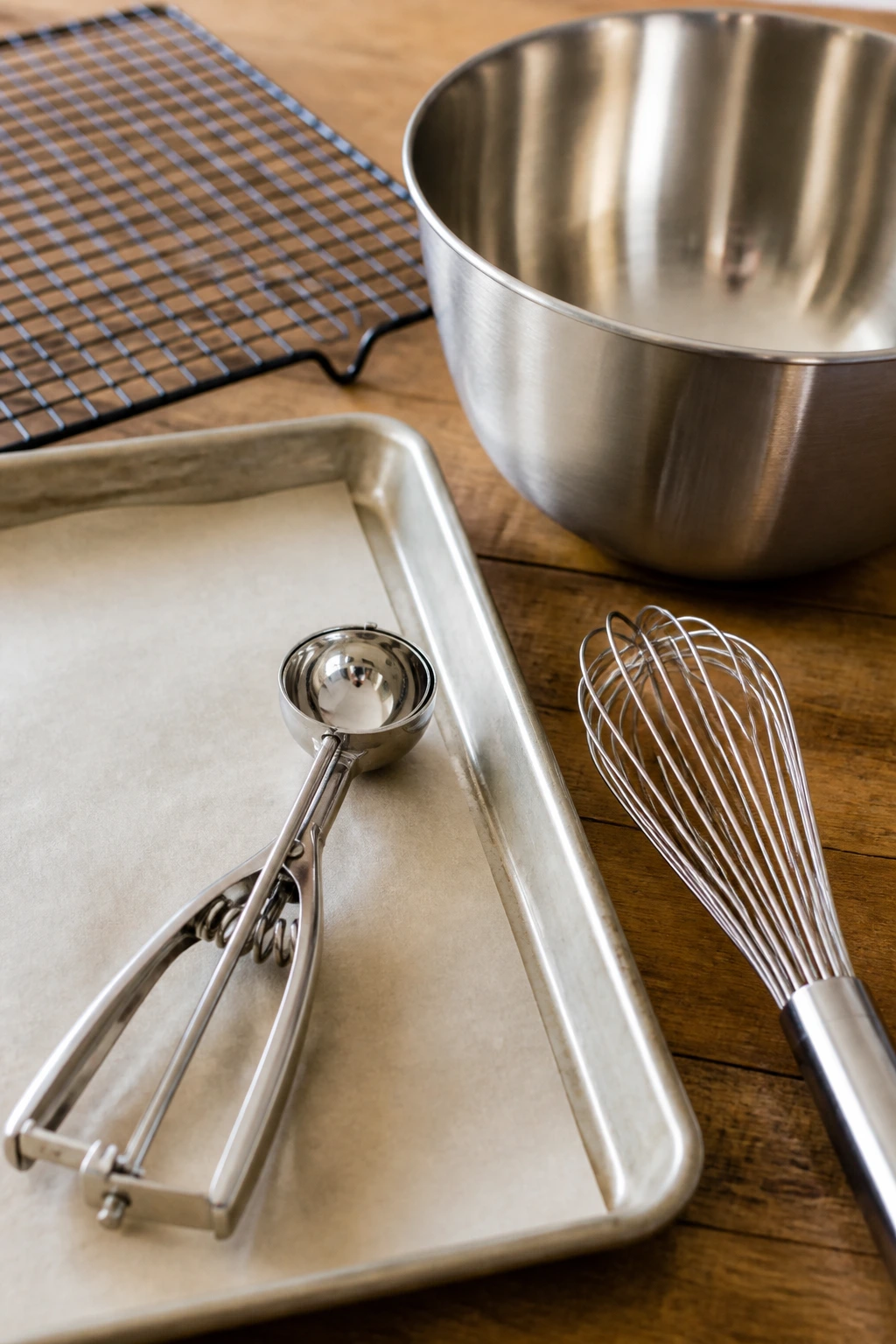 Baking tools and equipment on wooden counter