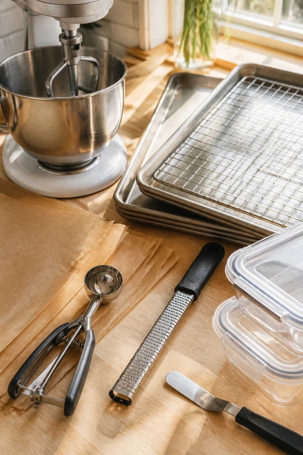 Top-down view of essential baking equipment for cookies on a wooden counter