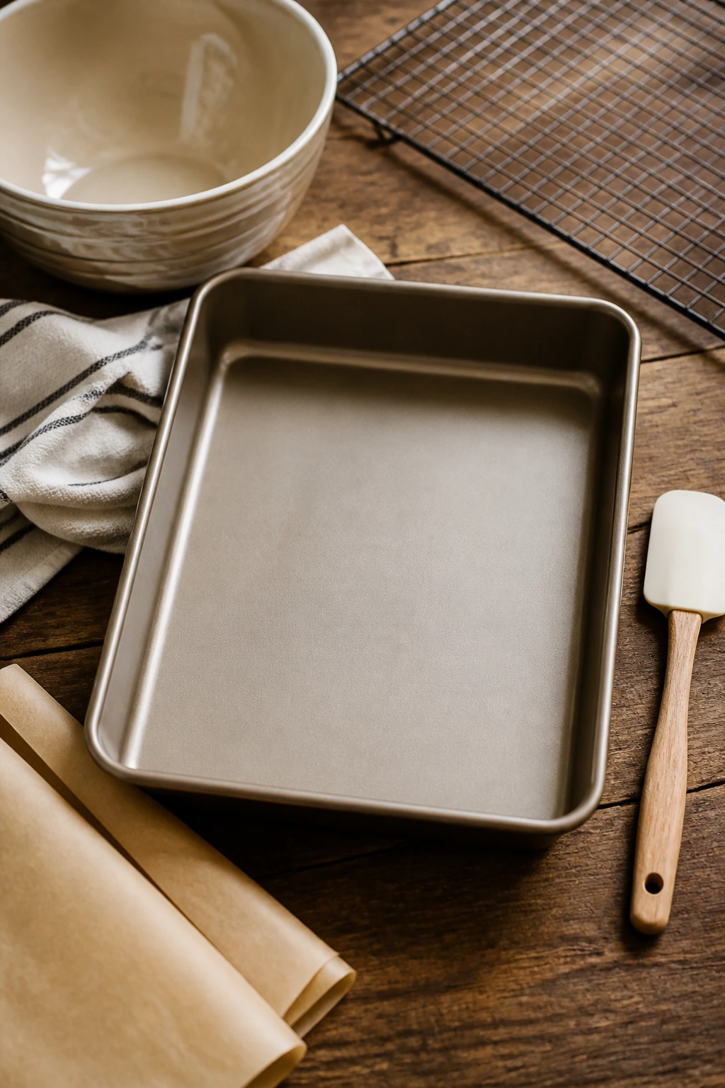 Close-up of essential baking equipment centered on a large pan with surrounding tools