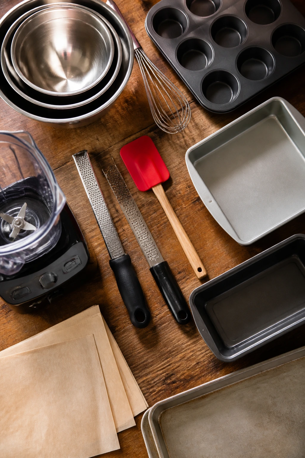 Top-down view of essential baking equipment for protein desserts.