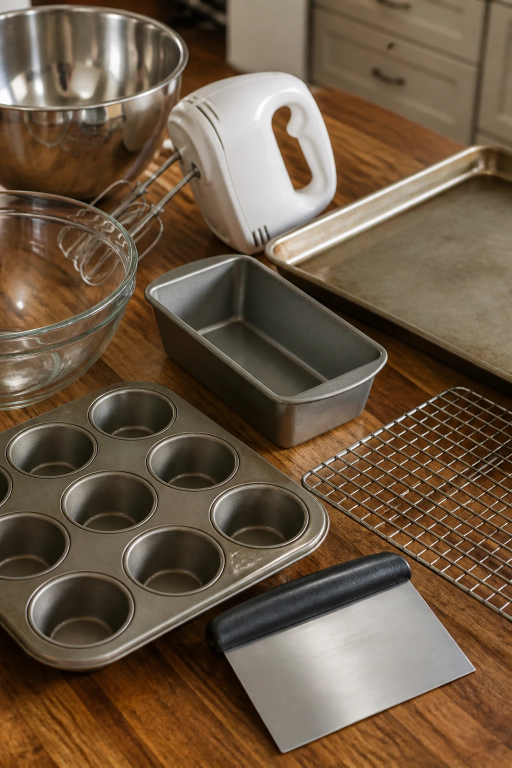 Top-down view of essential baking tools on kitchen counter