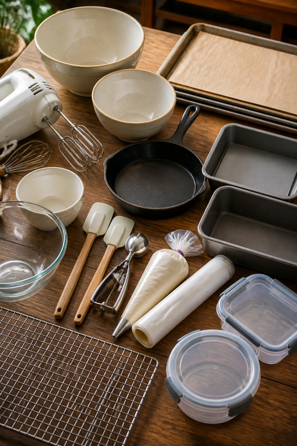 Close-up of essential baking equipment arranged on a warm kitchen counter