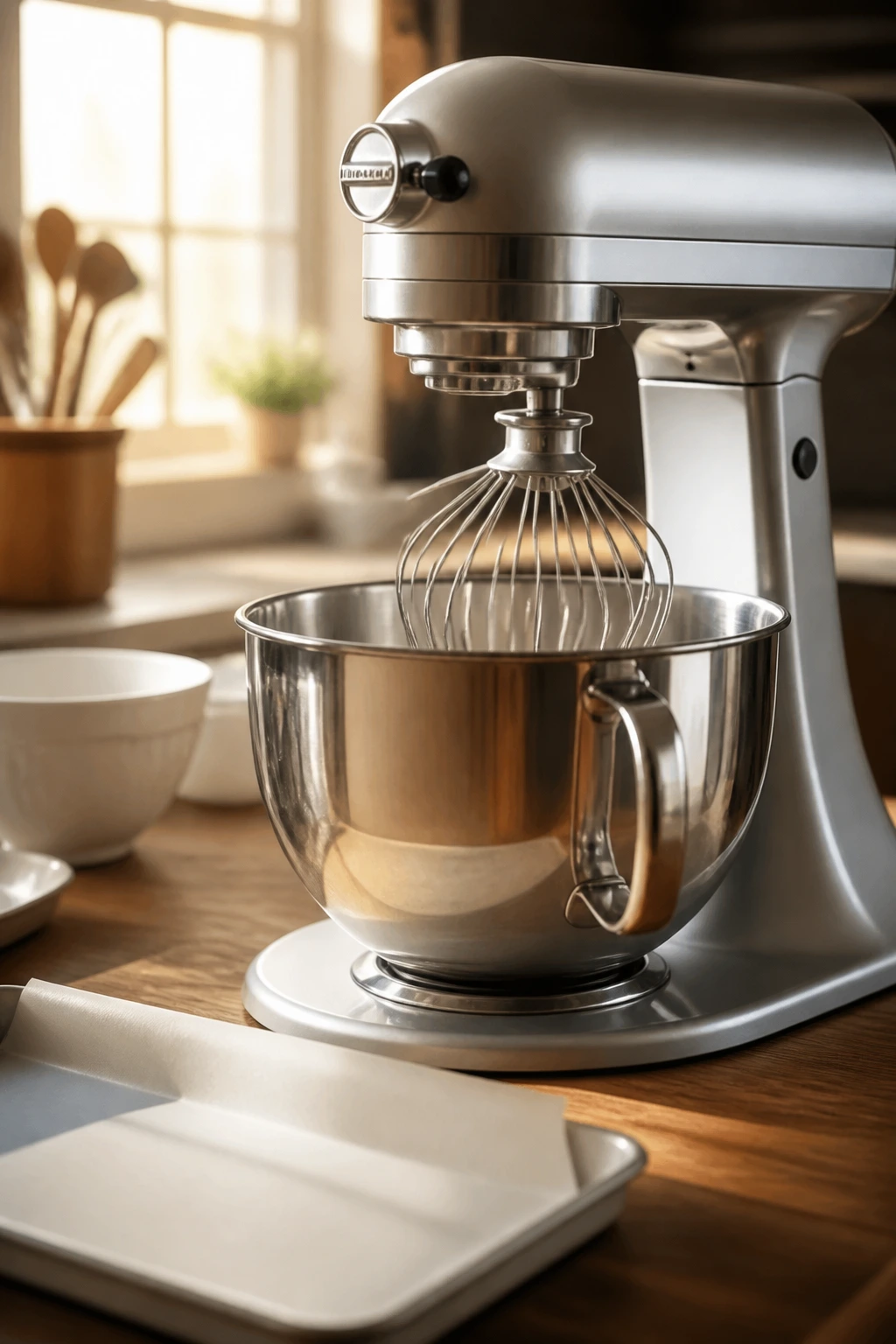 Close-up of essential baking equipment on a cozy kitchen counter