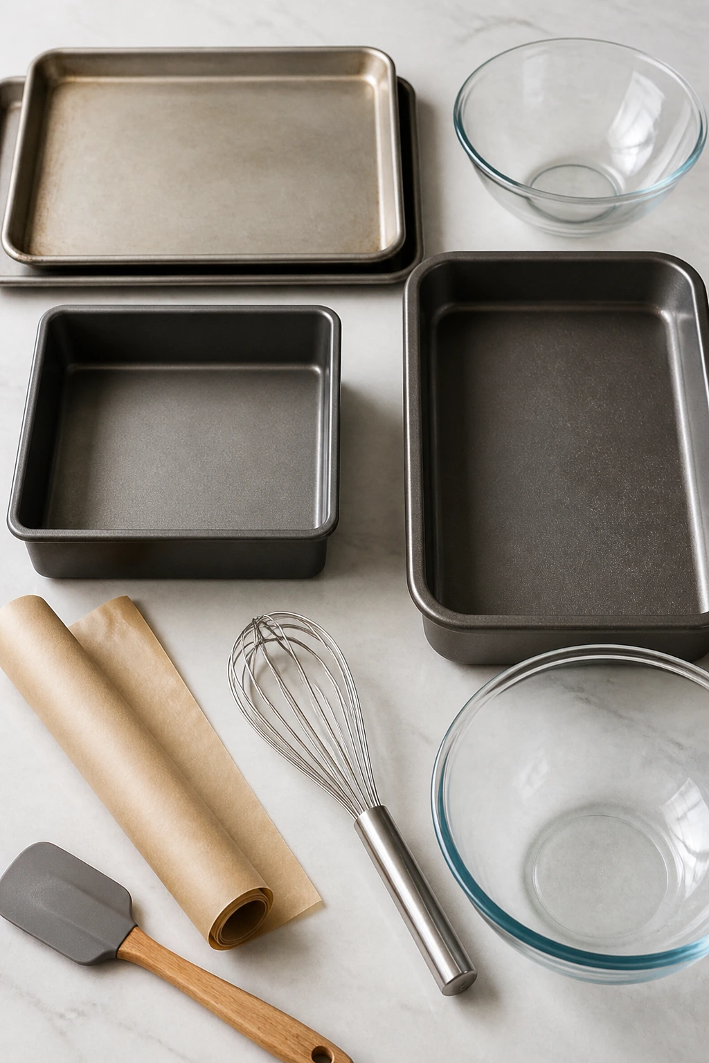 Overhead view of essential baking tools on clean counter