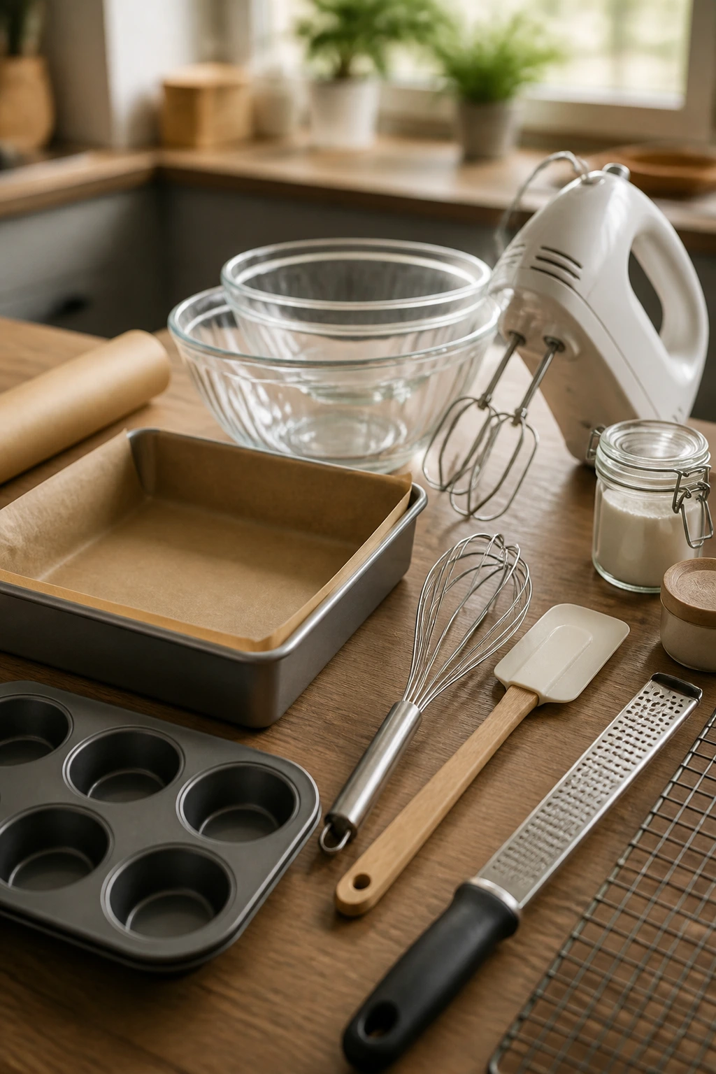 Close-up of essential baking tools arranged on a counter