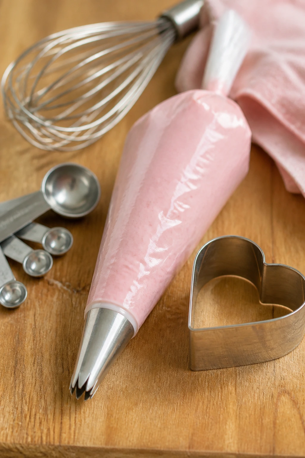 Piping bag and heart cookie cutter among other baking tools