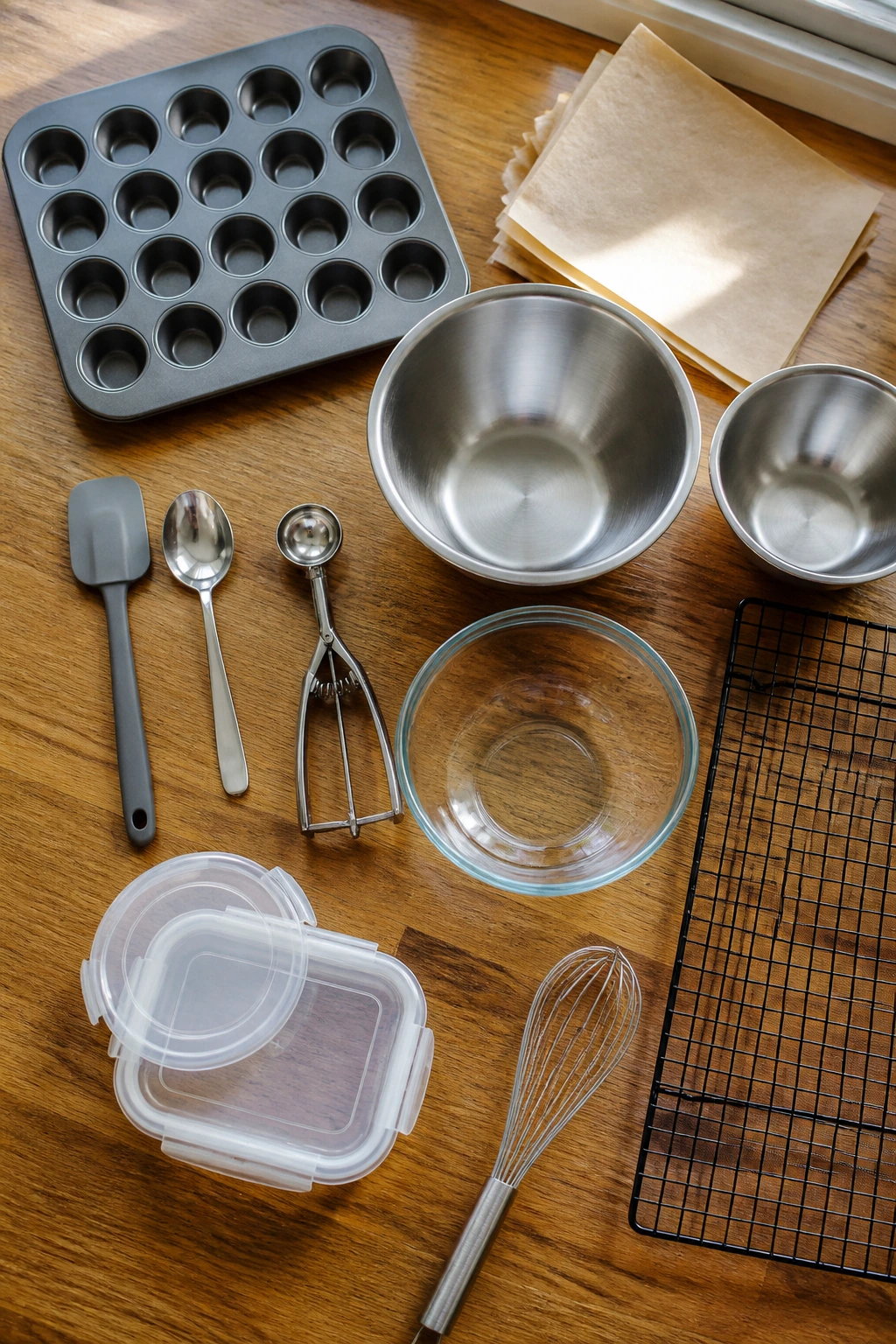 Top-down shot of essential baking tools for no-bake bird nest cookies