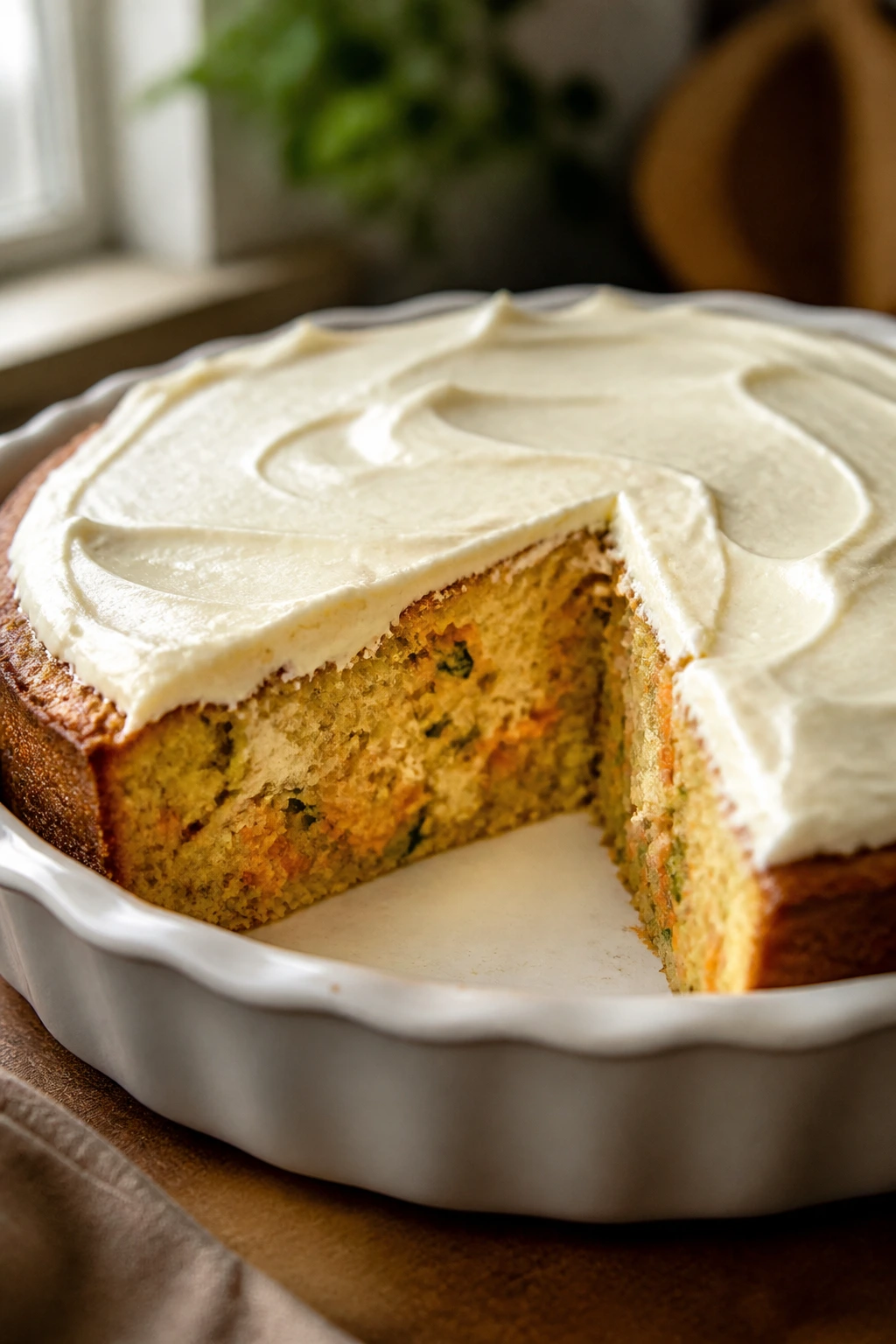 Savory pie in a deep-dish plate with a thin cream cheese frosting ready to slice