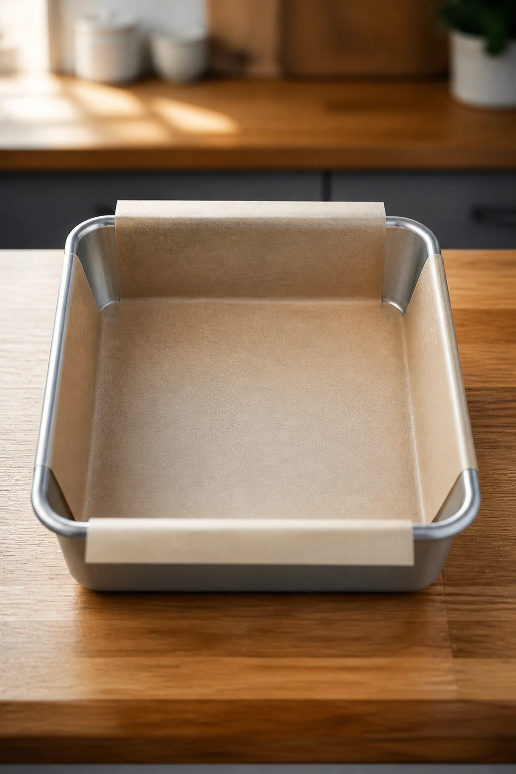 8x8-inch baking pan lined with parchment on a kitchen counter