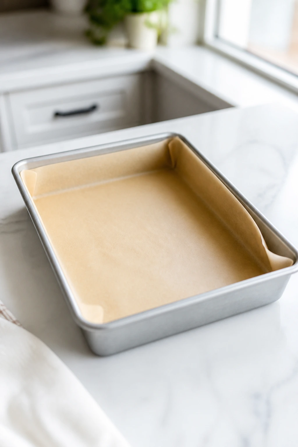 Close-up of a parchment-lined 9x13 baking pan on a bright kitchen counter