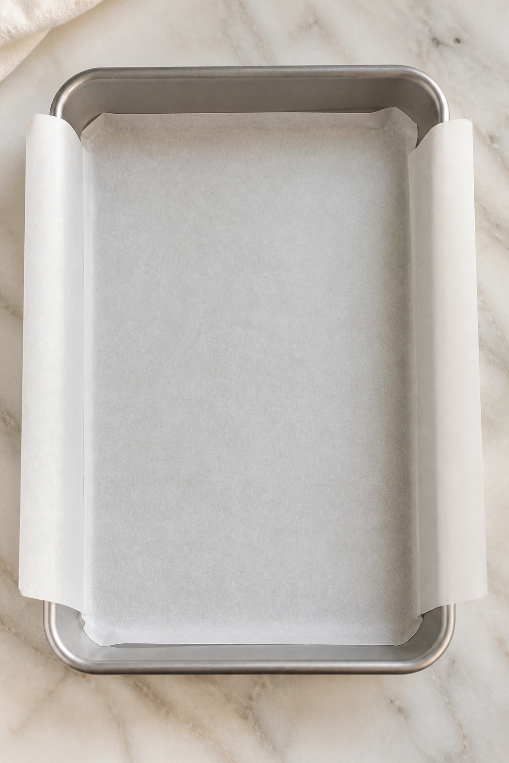 9x13 metal baking pan lined with parchment ready for batter