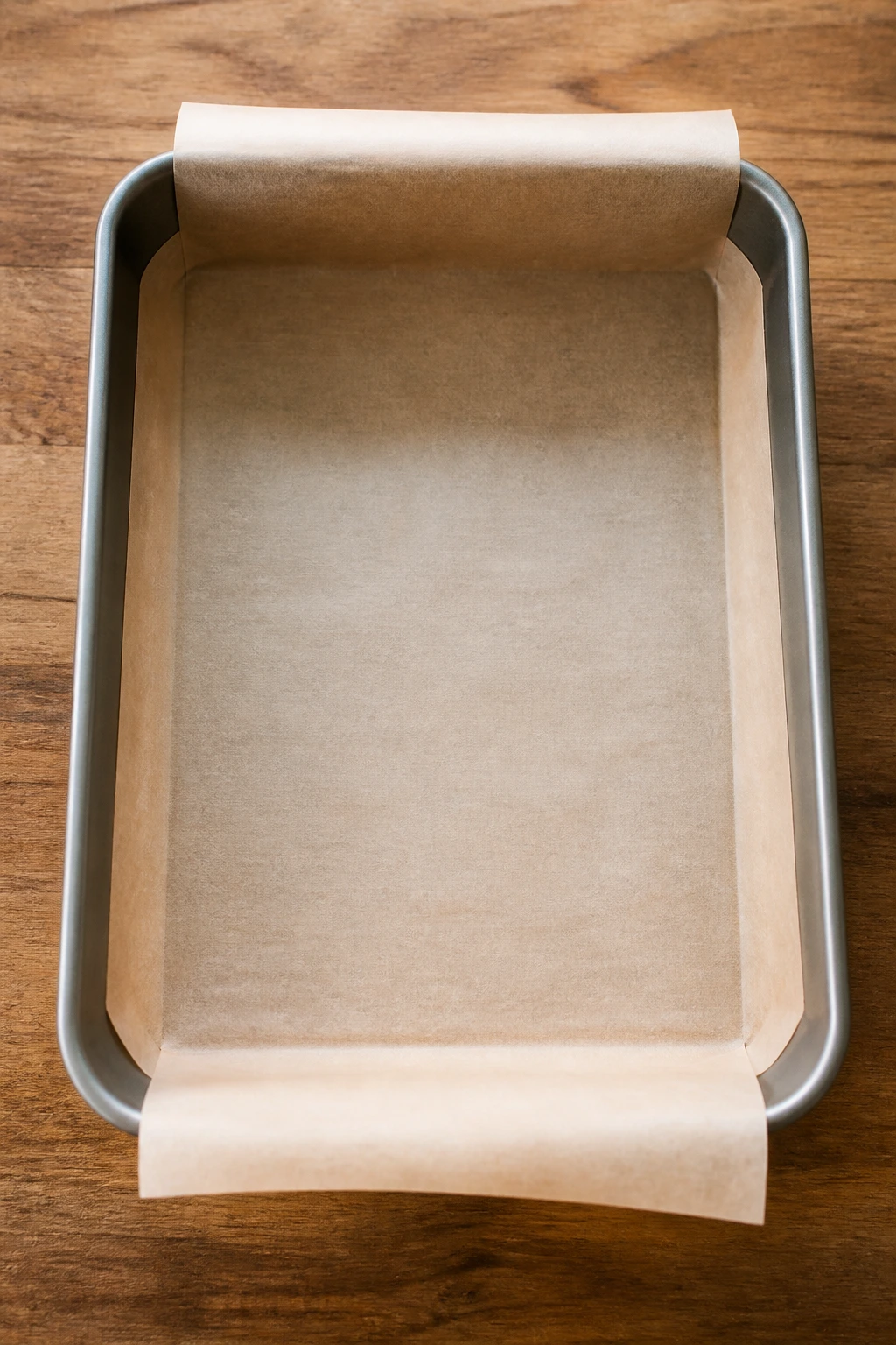 9x13 baking pan lined with parchment on wooden counter
