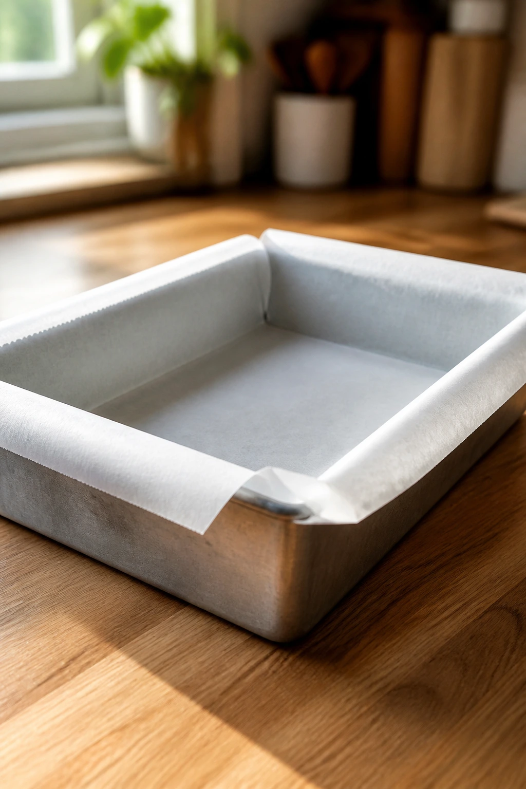 9x13 metal baking pan with parchment ready to bake