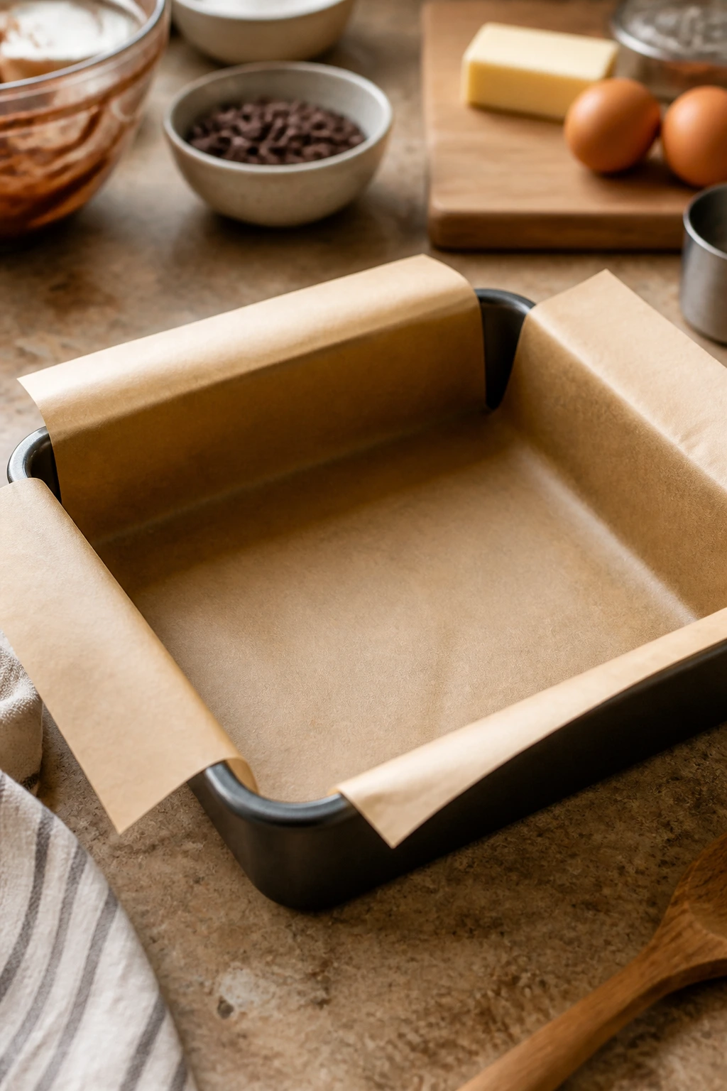 Close-up of an 8x8-inch baking pan with parchment