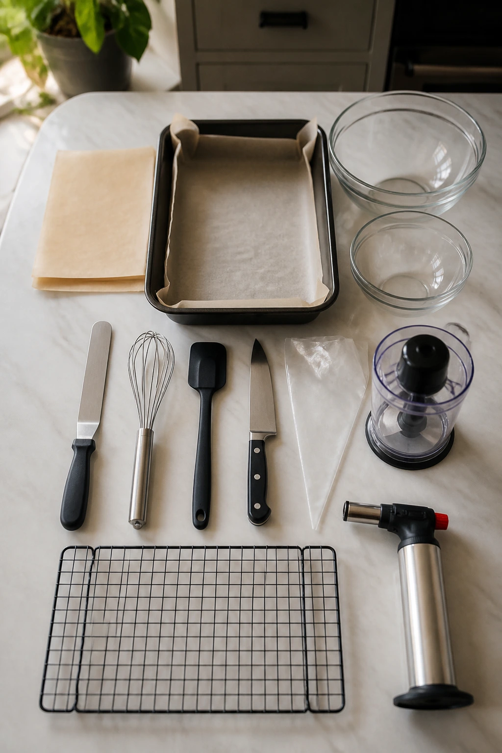 Array of essential baking equipment for graveyard brownies on kitchen counter