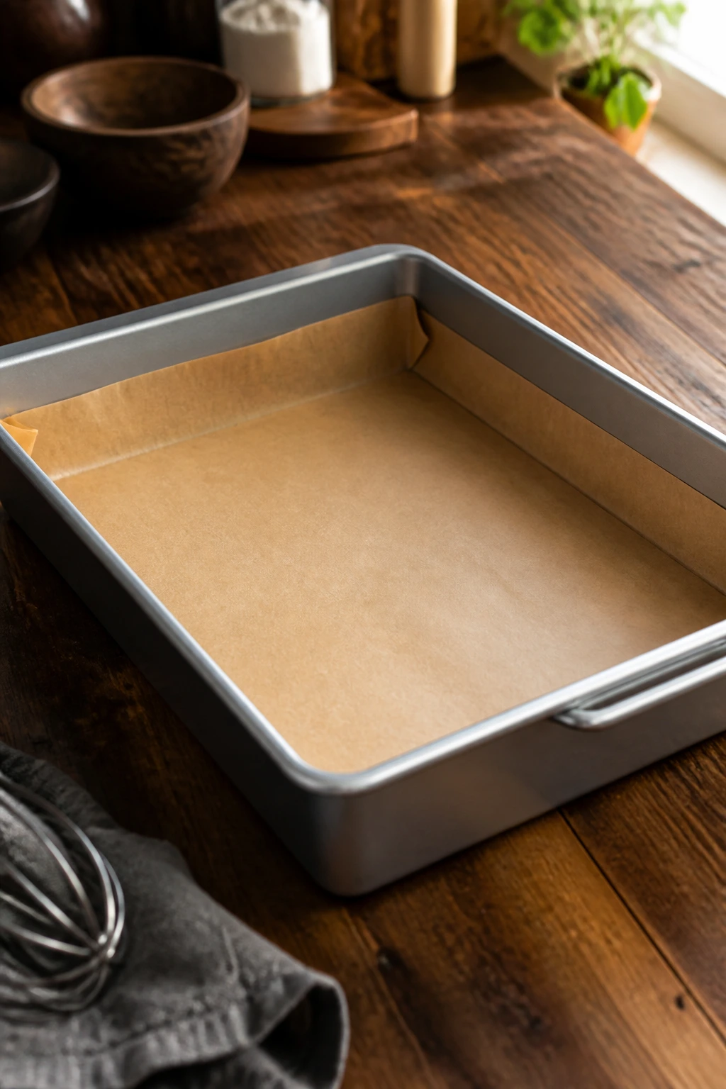 Close-up of a shiny 9x13-inch metal baking pan lined with parchment on a wooden counter.
