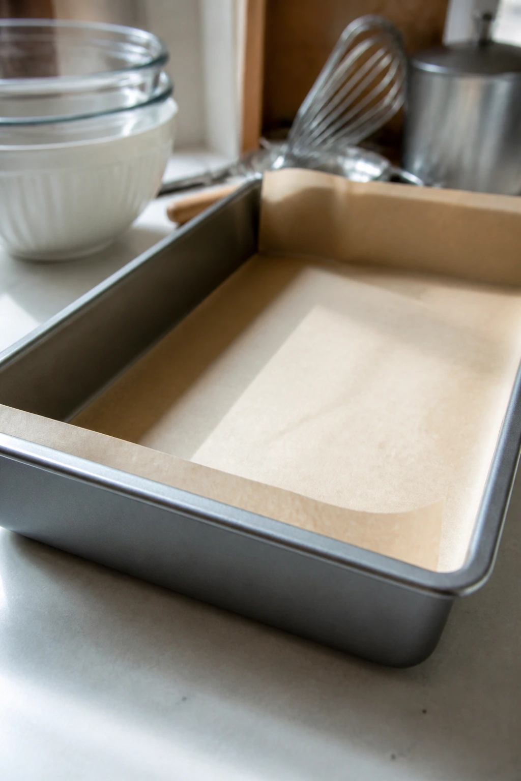 Close-up of a 9x13-inch baking pan lined with parchment