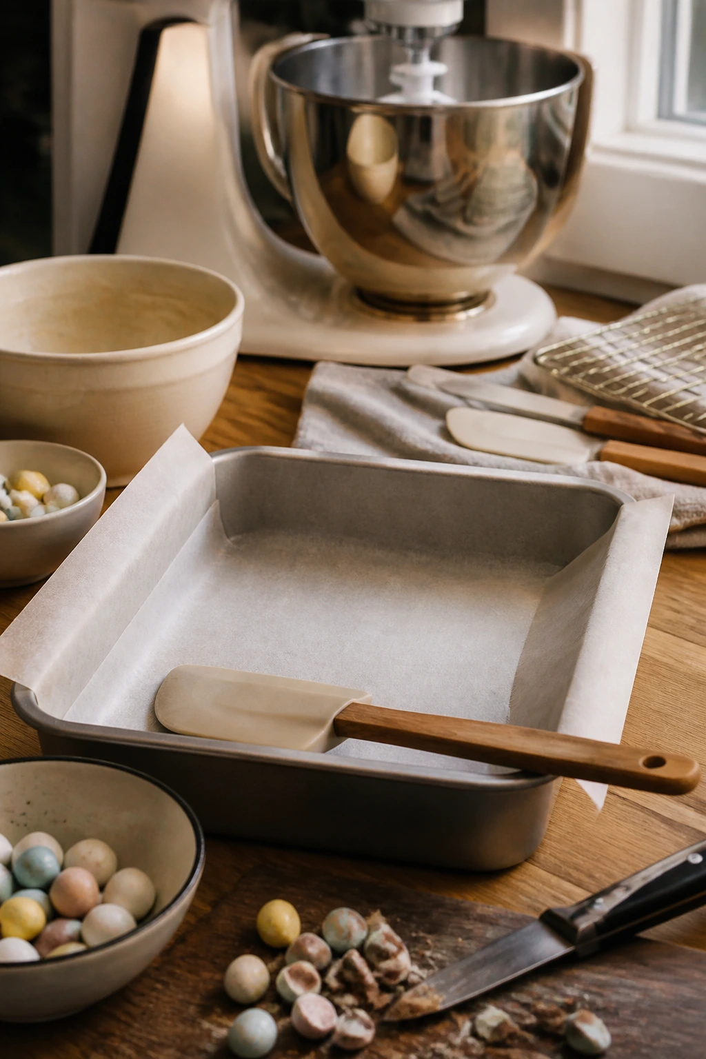 Lined 9x13 pan with parchment and baking tools arranged nearby