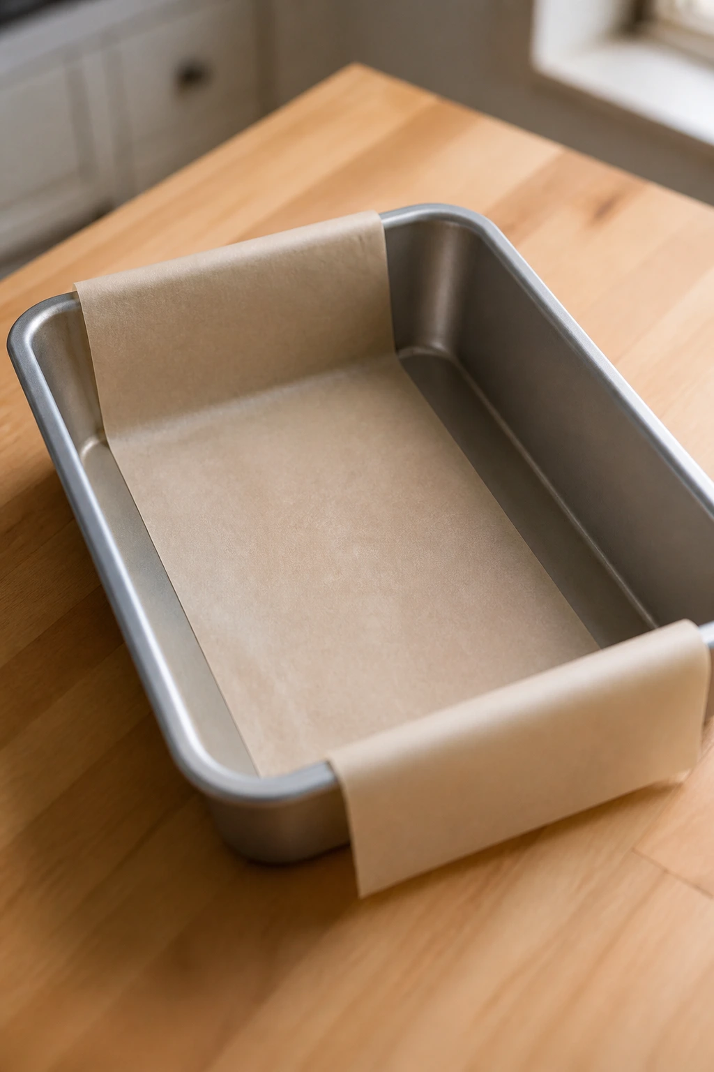 9x13 metal baking pan with parchment sling on a kitchen counter