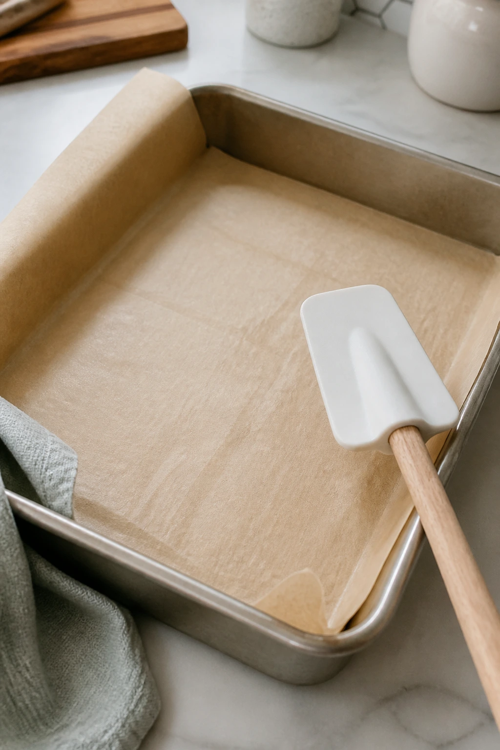 Parchment-lined baking pan ready for bars in a kitchen