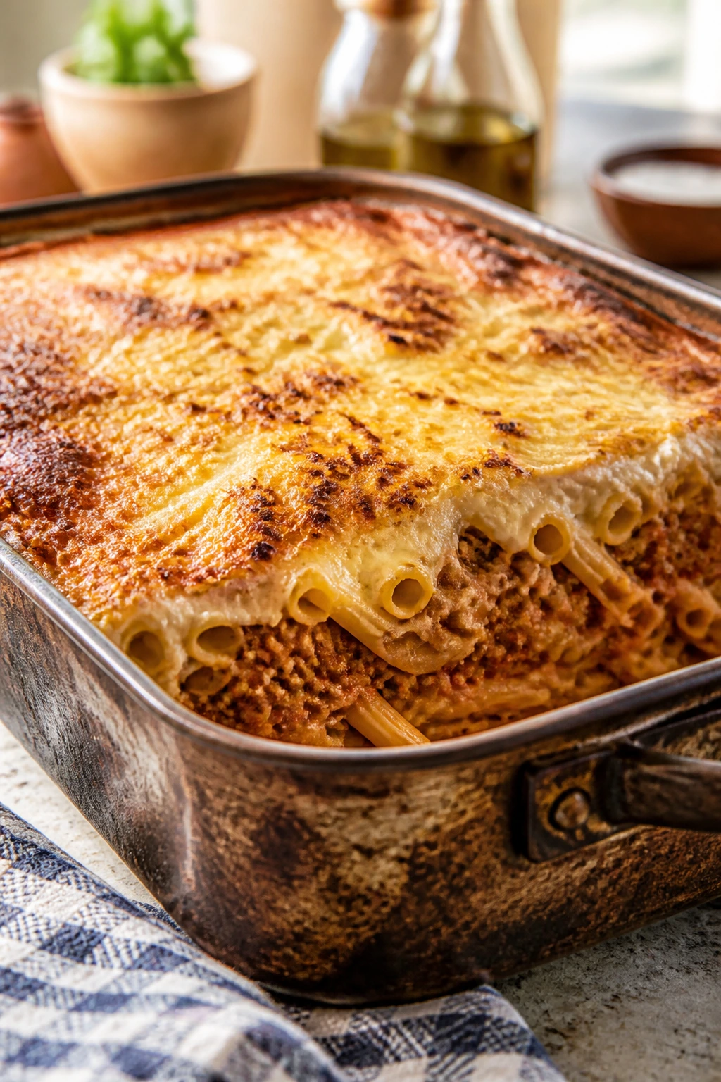 Close-up of a heavy baking pan filled with baked pasta on a kitchen counter