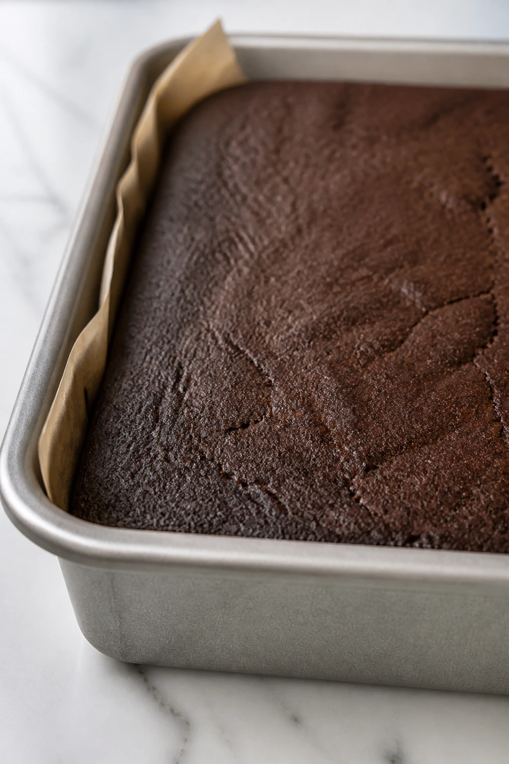 Rectangular metal baking pan ready for cake