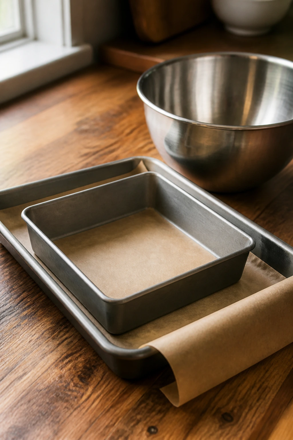 Close-up of baking pans and a mixing bowl on a wooden countertop in a cozy kitchen