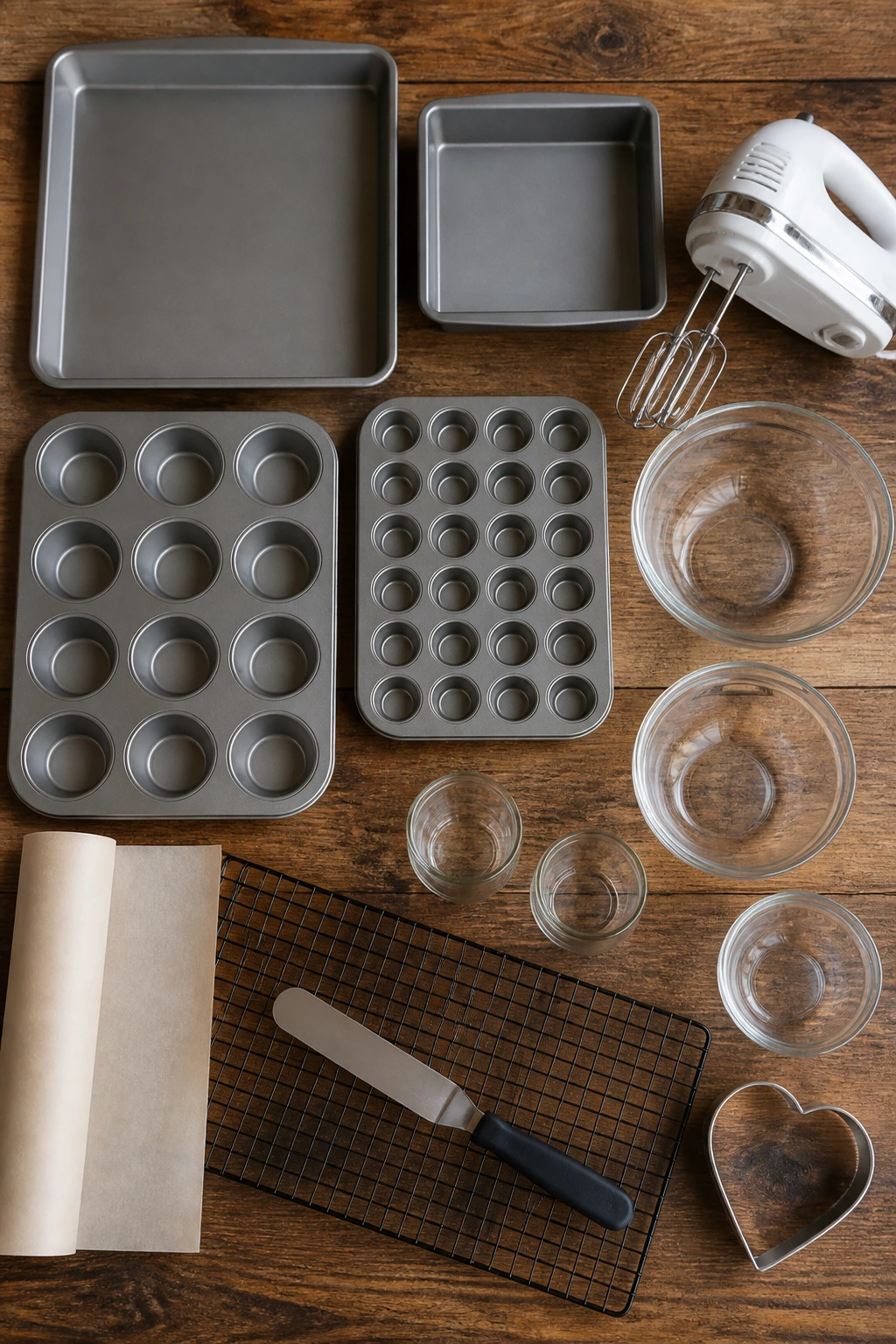 Top-down view of essential baking equipment laid out on a wooden surface