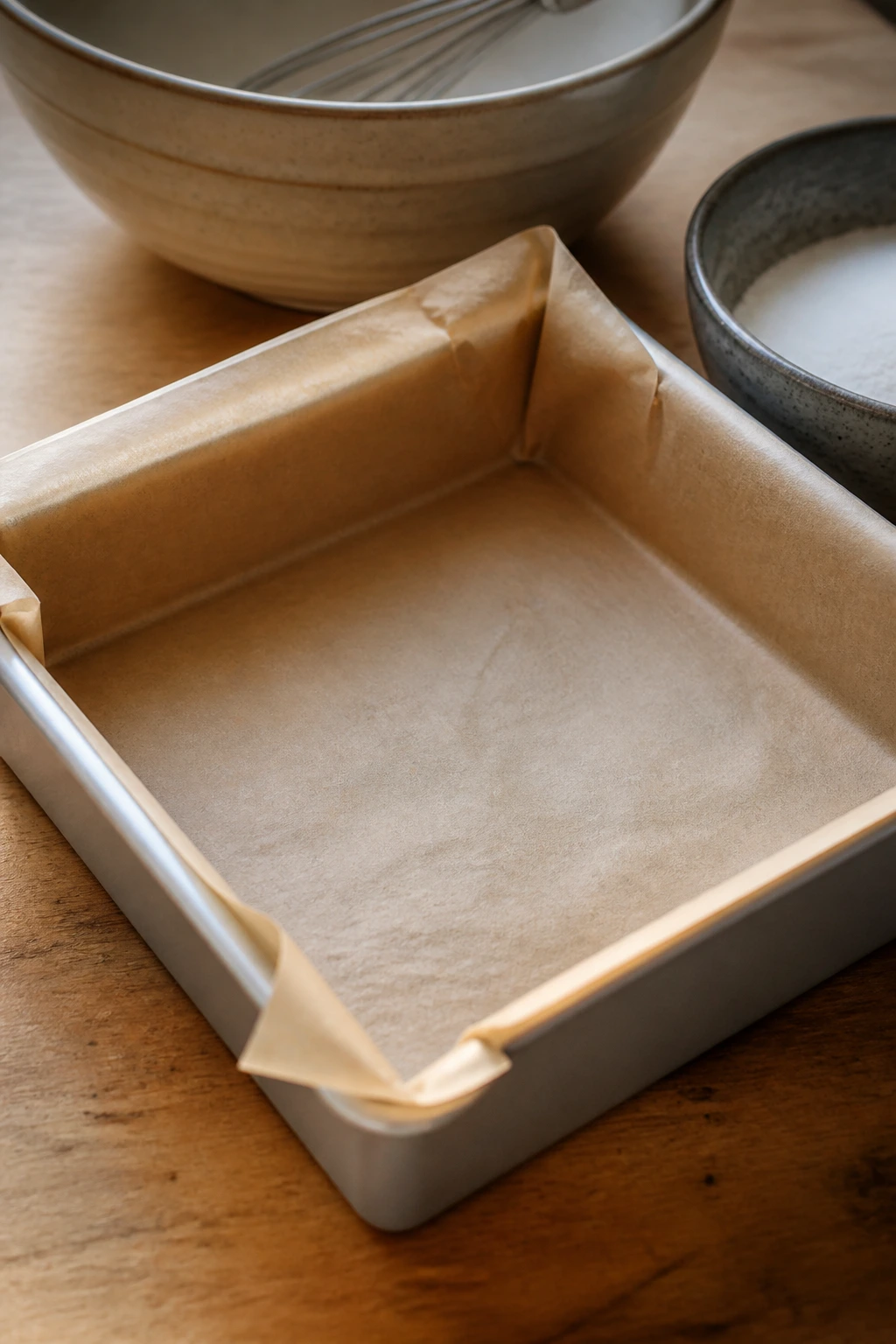 Close-up of an 8-inch square baking pan lined with parchment on a wooden counter