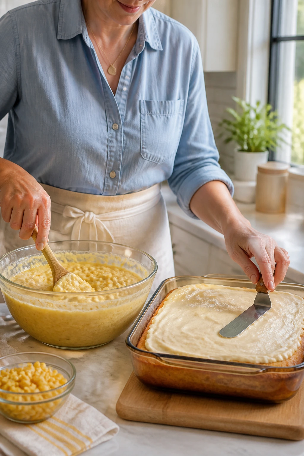 Real person mixing batter and preparing to frost a pan in a kitchen