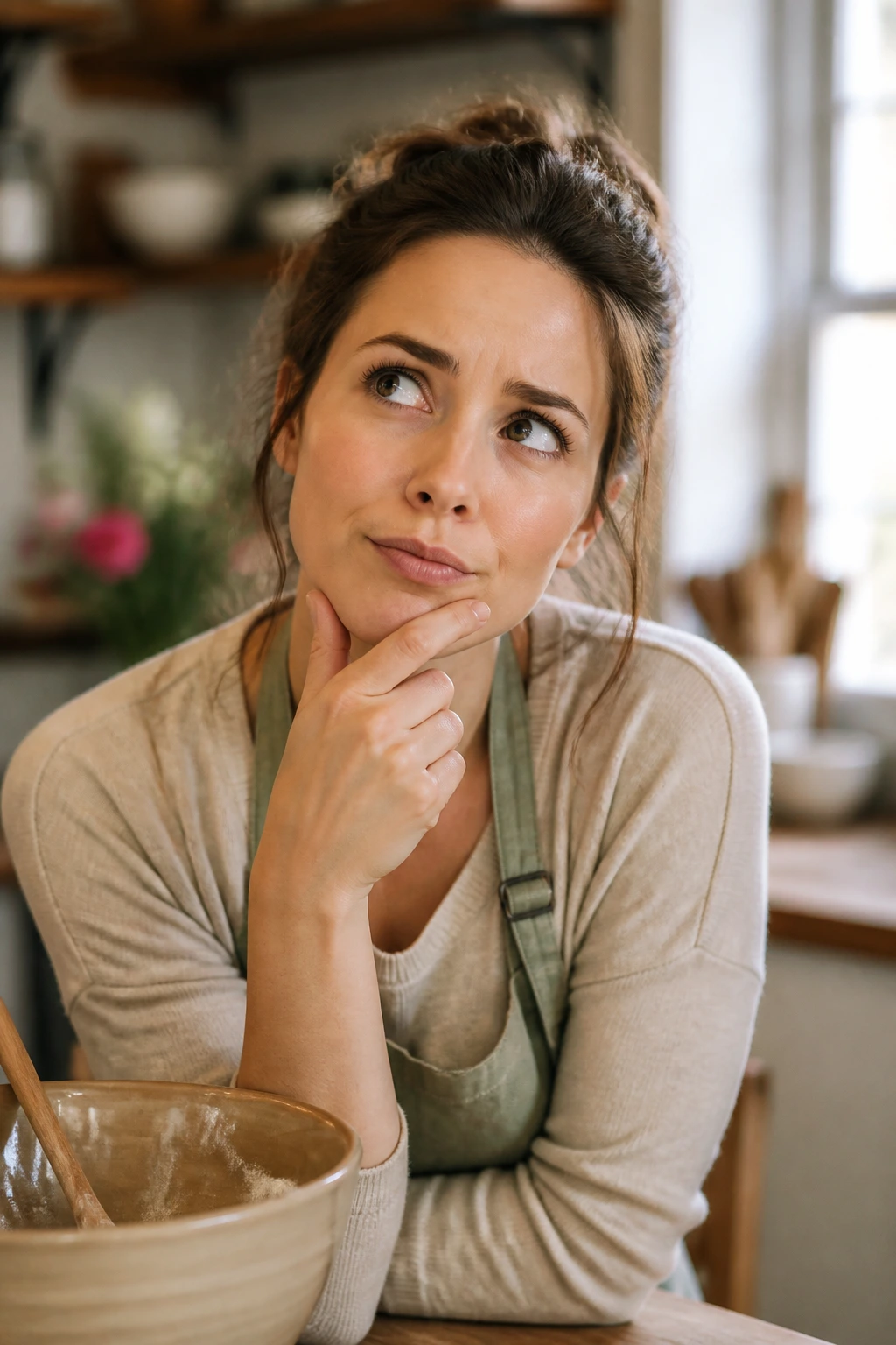 Portrait of a thoughtful home baker in a kitchen