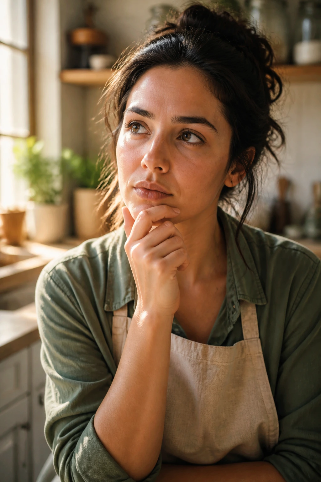 Thinking baker in a bright kitchen contemplating baking questions