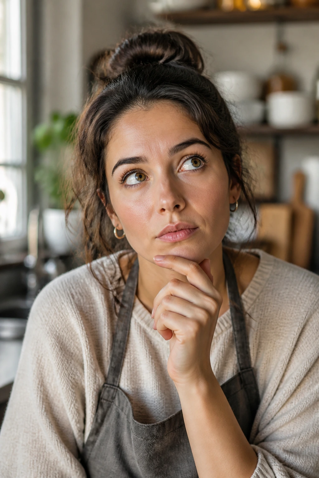 Close-up portrait of a person in a kitchen contemplating baking questions