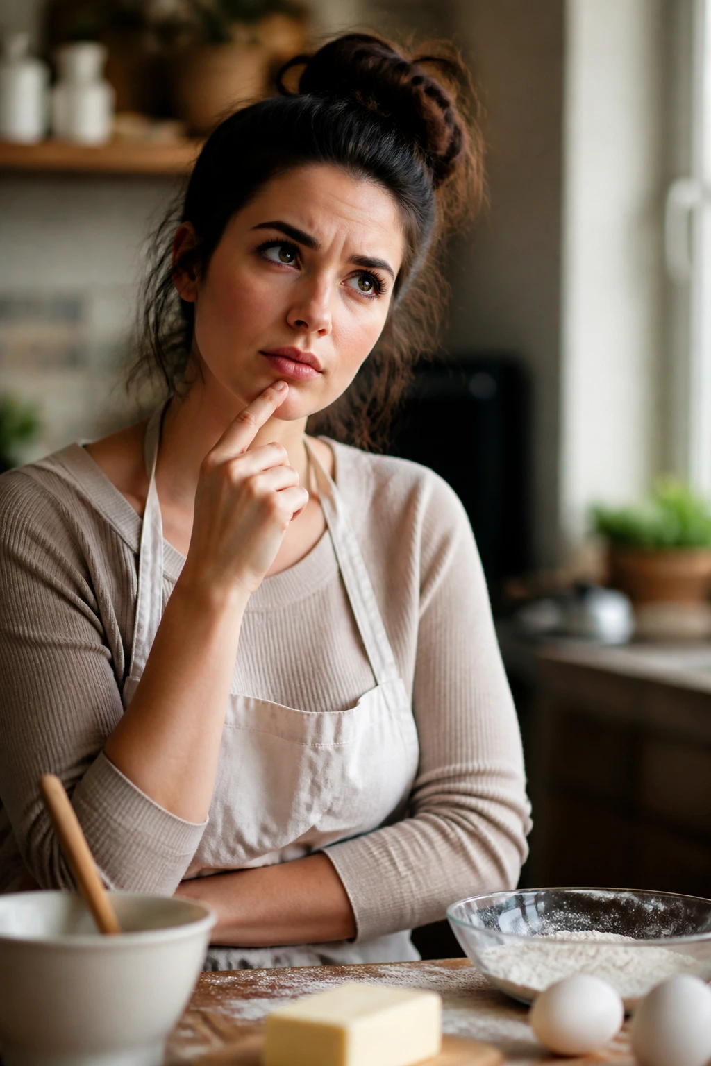 Close-up portrait of a real baker in a warm kitchen contemplating baking questions