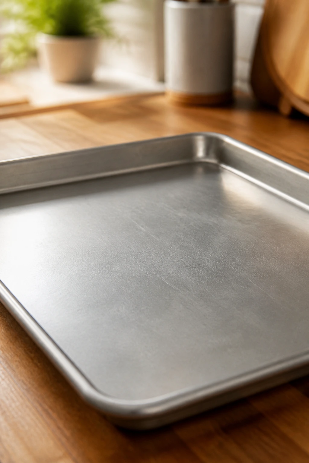 Close-up of a rimmed baking sheet on a kitchen counter