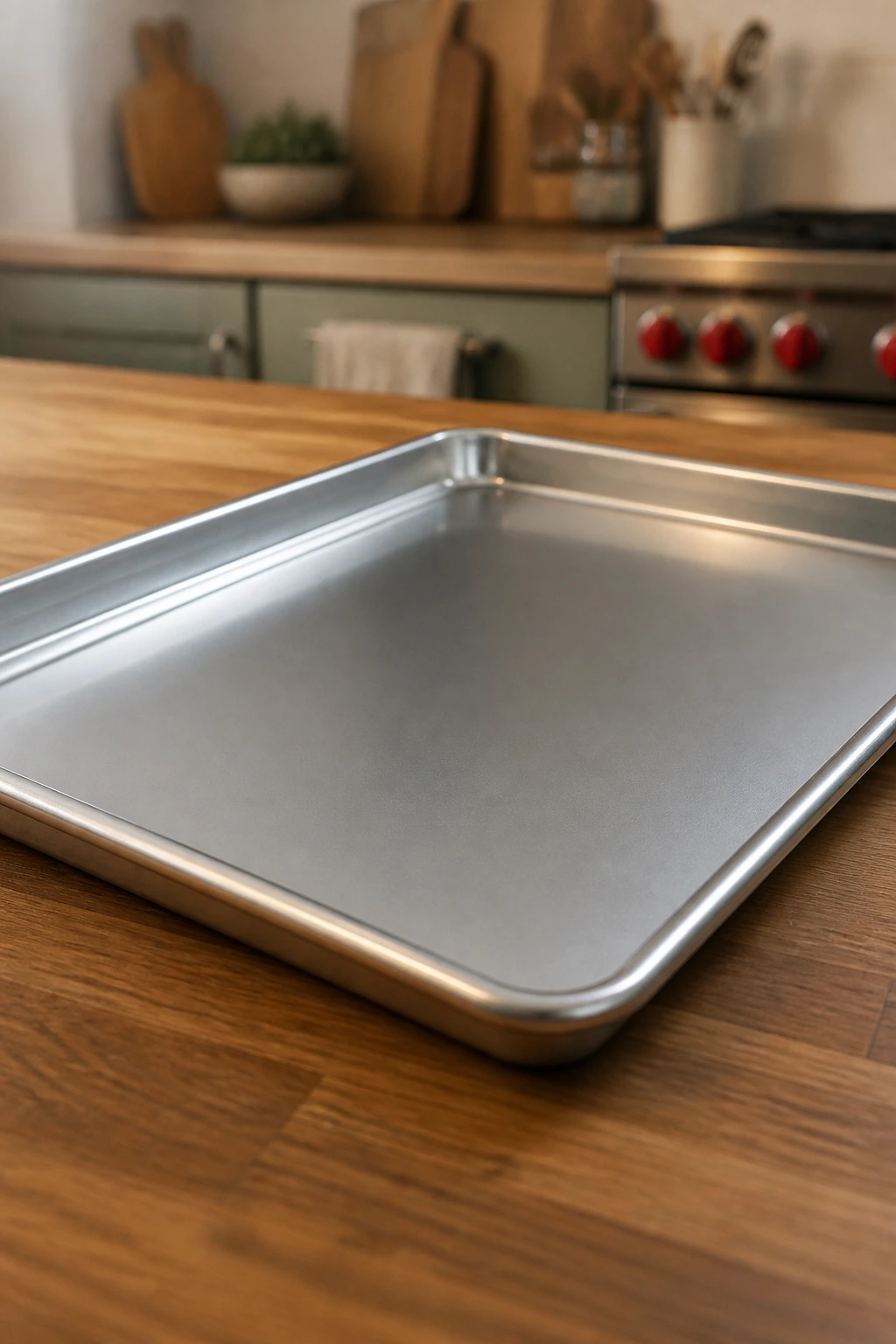 Rimmed baking sheet on a wooden counter in a kitchen