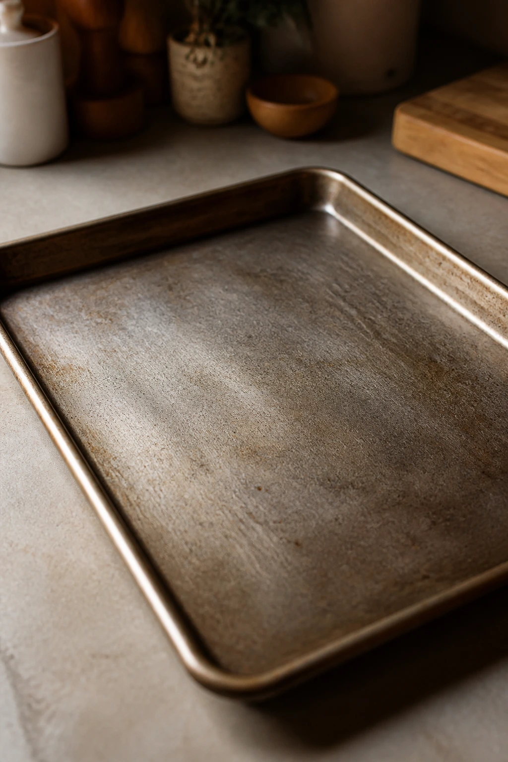 Close-up of a rimmed baking sheet ready for roasting in the kitchen.
