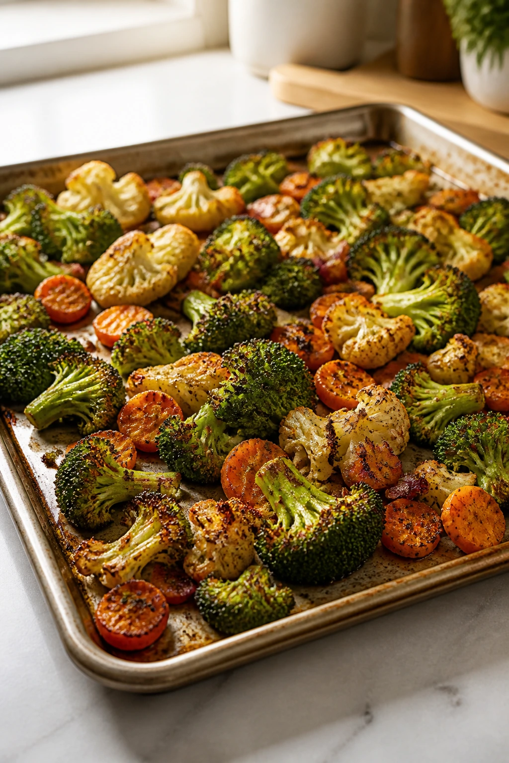 Heavy rimmed baking sheet with browned vegetables in a kitchen