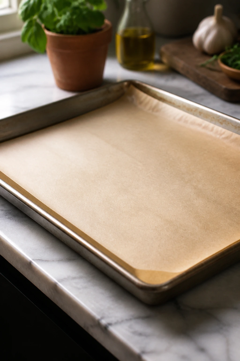 Close-up of a rimmed baking sheet with parchment for naan pizza