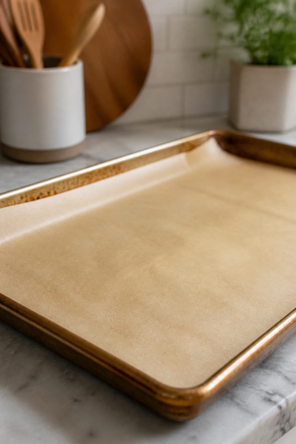 Rimmed baking sheet lined with parchment on a kitchen counter