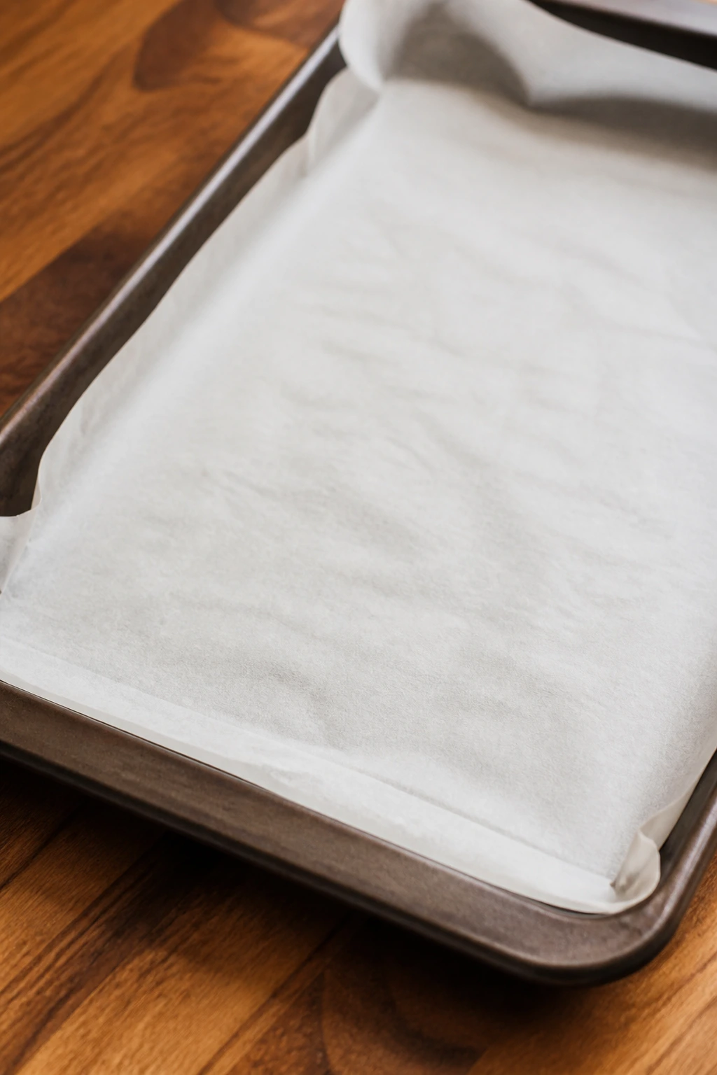 Parchment-lined baking sheet on a wooden counter