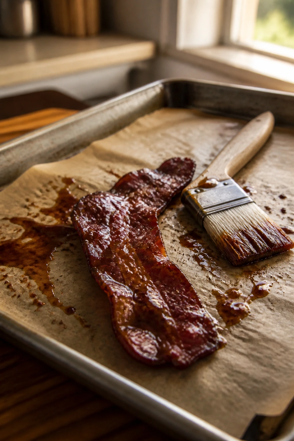Pastry brush and glazed bacon on parchment-lined sheet