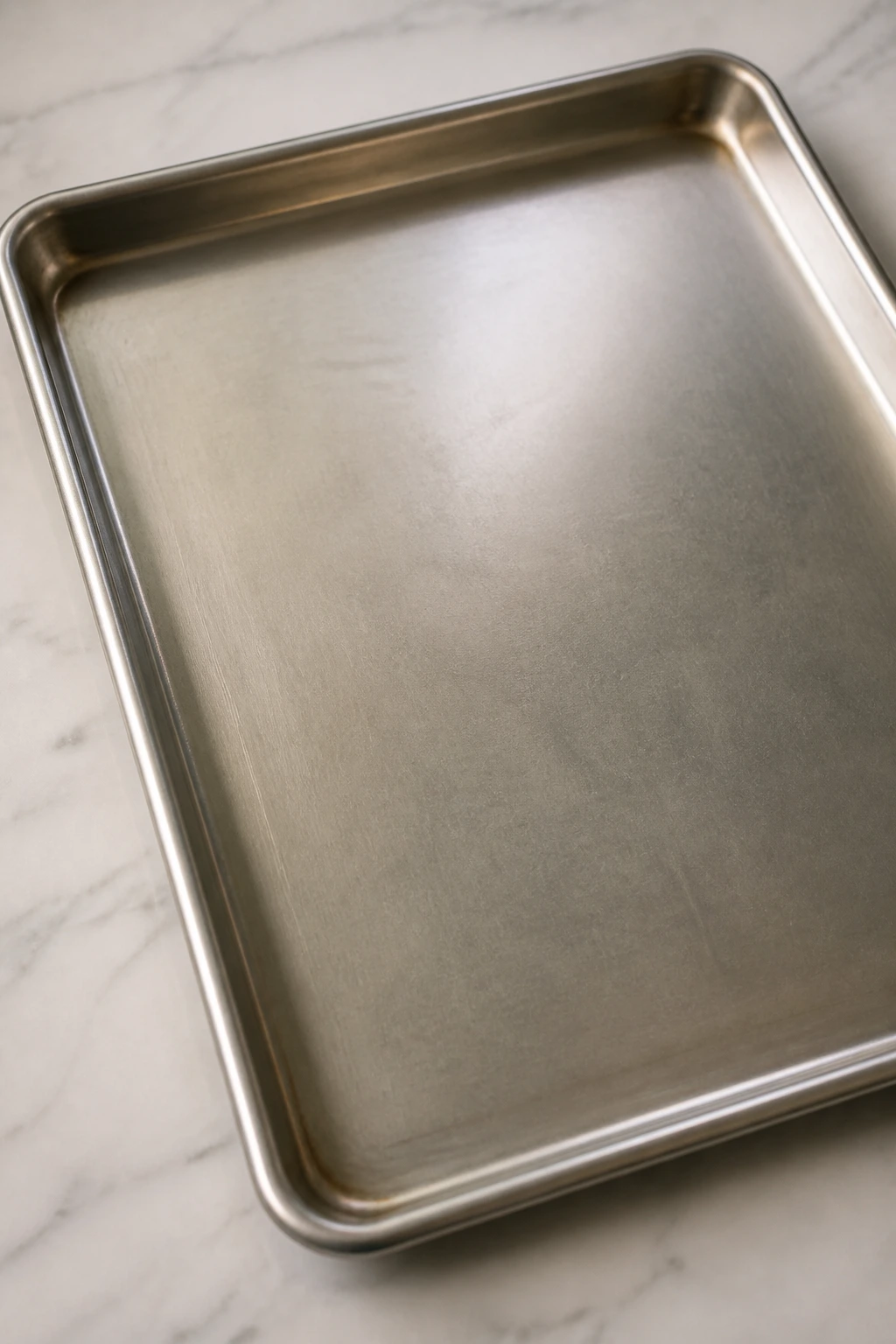 Rimmed baking sheet ready for cookies on a kitchen counter