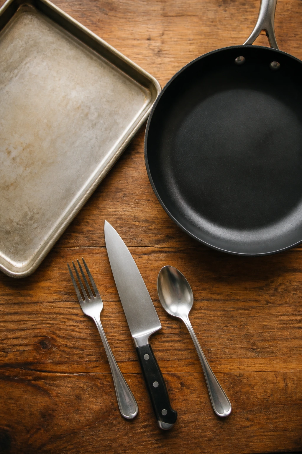 Top-down view of baking sheet, skillet, fork, knife, and spoon on counter