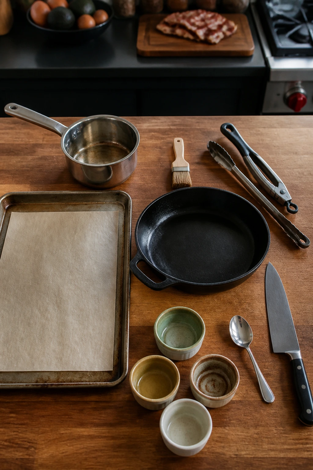 Tools laid out on counter for assembling smoky bacon avocado with glaze