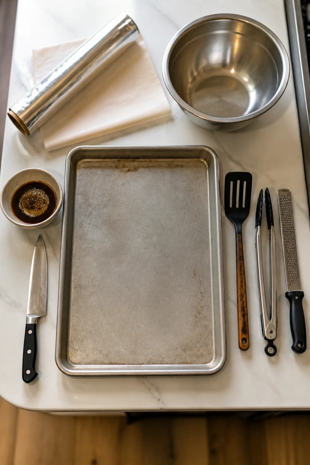 Tools for pan dinner arranged on kitchen counter