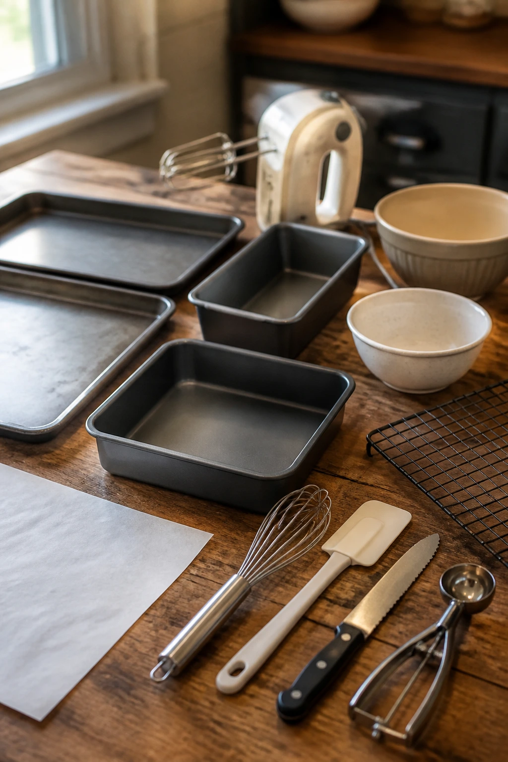 Close-up of essential baking tools on a wooden counter with warm kitchen lighting