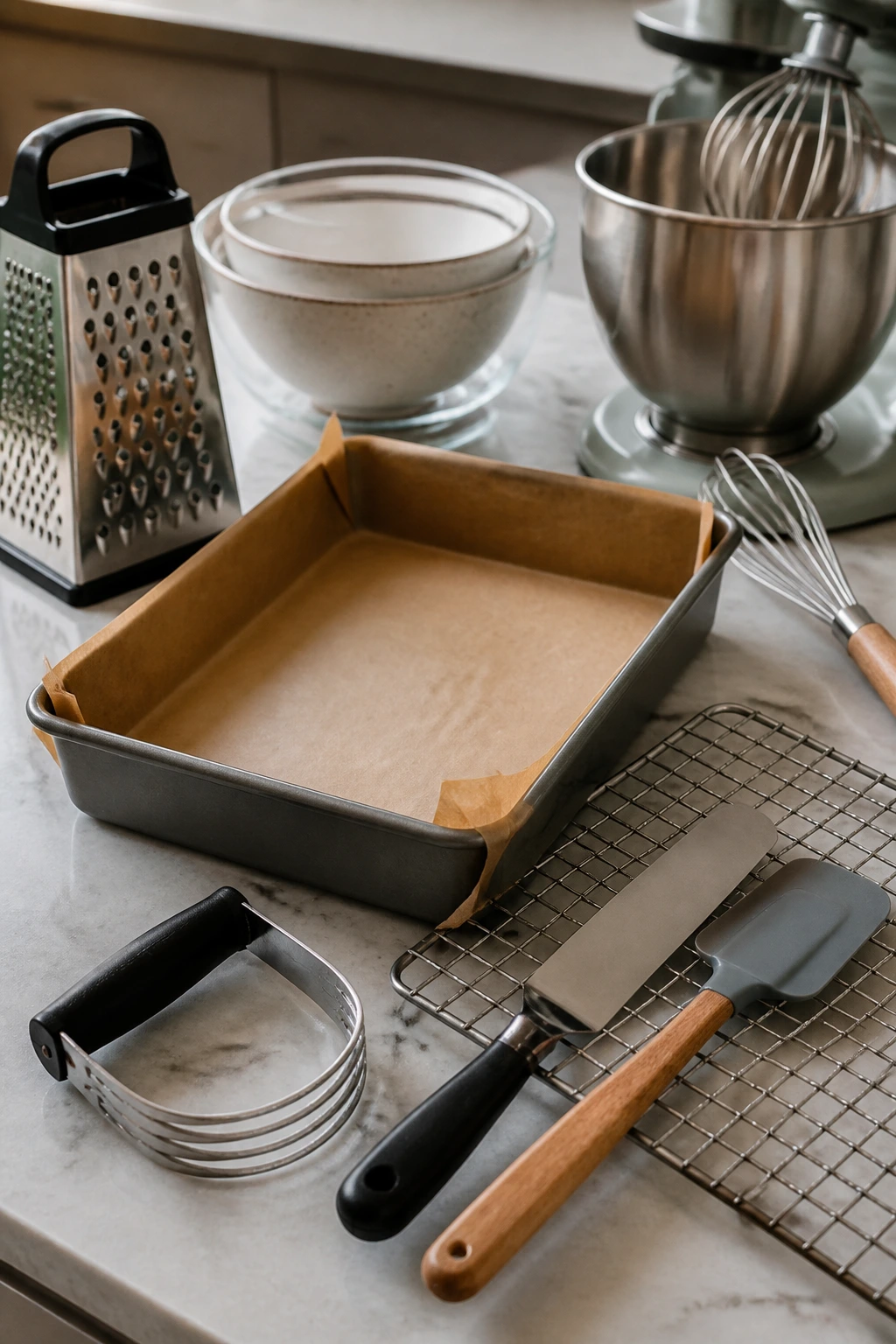 Essential baking tools arranged on a counter
