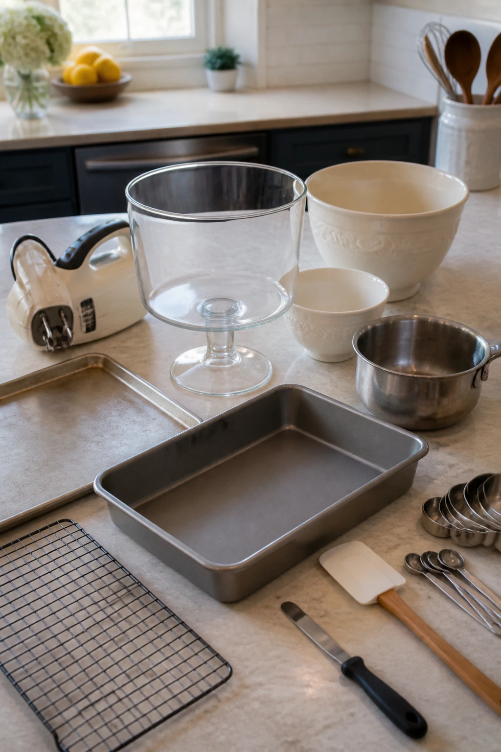 Essential baking tools arranged on a kitchen counter for trifle assembly.