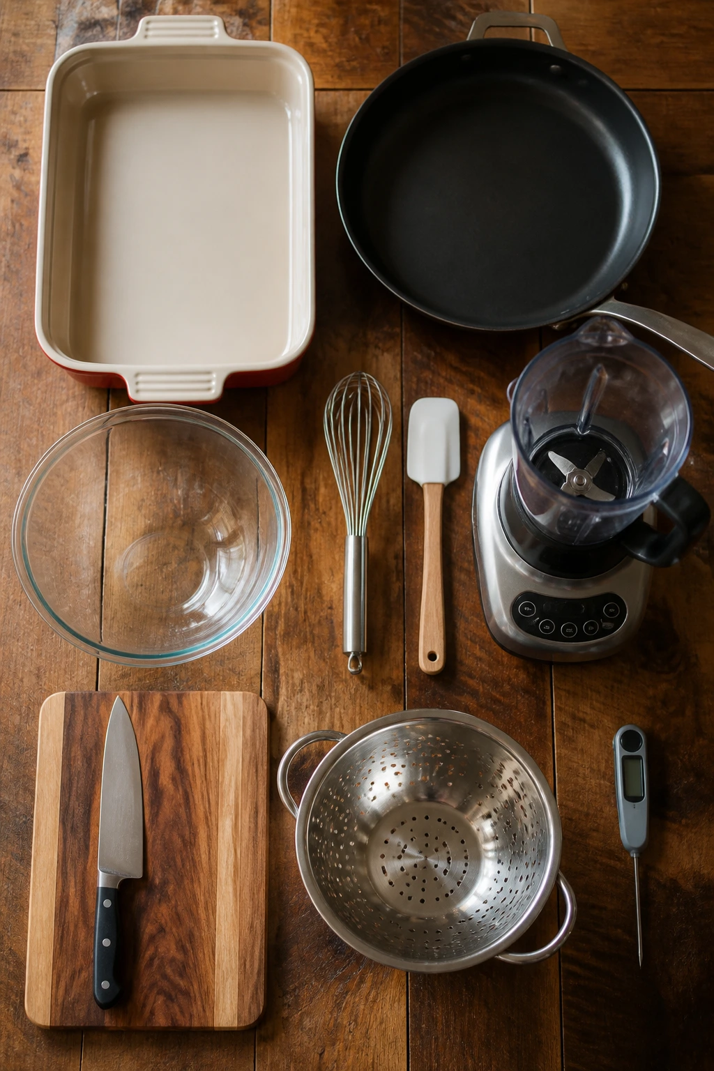 Top-down view of baking tools laid out on a wooden counter